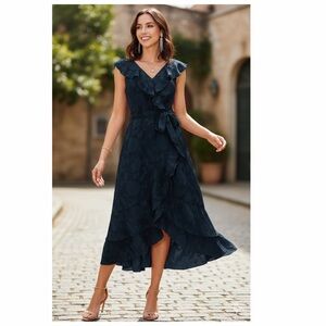 Grace Karin Black Ruffle Midi Dress Sleeveless Boho Goth Formal‎ – Belt Missing